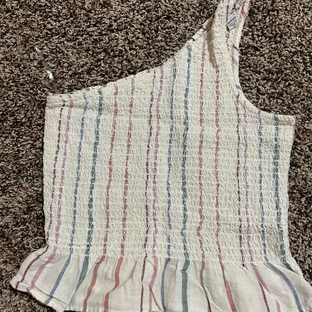 American Eagle Outfitters Blue and Pink Asymmetrical Smocked Peplum Tank Top